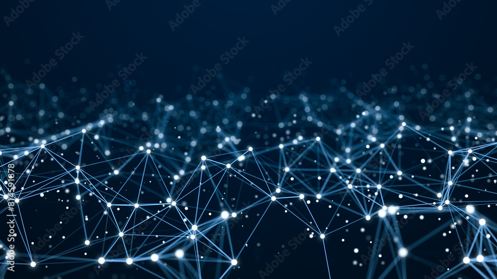 Poster Network of bright connected dots and lines. Abstract dynamic wave of many points. Digital background. 3D rendering.