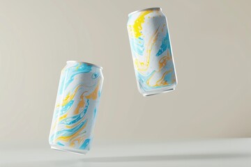 Close-up of two different colorful aluminum drink cans flying on a white background.