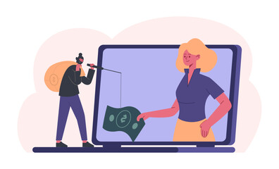 Cyber criminals. Man in mask with sack stealing money from woman. Internet scam phishing, hacker committed digital fraud