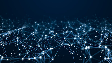 Network of bright connected dots and lines. Abstract dynamic wave of many points. Digital background. 3D rendering.