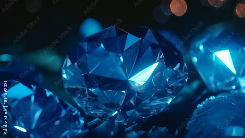 Poster a close up of four blue diamonds. the diamonds are all different sizes and are set in a black backgr