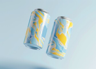 Close-up of two different colorful aluminum drink cans flying on a light blue background.
