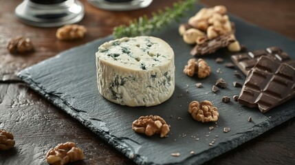Fototapeta premium Roquefort Cheese on Slate Cheese Board with Walnuts and Chocolate