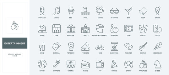 Entertainment and leisure thin black and red line icons set vector illustration. Outline cinema and theater symbols, museum and TV, masks of theater and popcorn for movie, carousel of amusement park