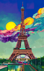 Paris, Eiffel Tower.  A retro-style poster with a colorful illustration of the Eiffel Tower.