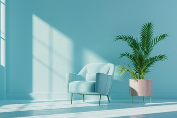 Creative interior design in green studio with plant pot and armchair. Pastel blue and white color background. 3D rendering for web page, presentation or picture frame 
