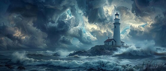 Fototapeta premium A raging storm churns the ocean under a dark sky, with a lone lighthouse standing sentinel on the rocky coast