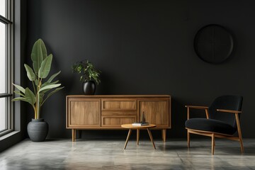 Dark contemporary waiting room interior with wooden sideboard, small coffee table and comfortable black armchair on concrete floor. Minimalist Scandinavian design. Mock up. 3d rendering