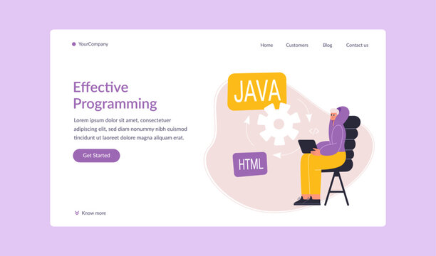 Effective programming landing page. Cartoon flat man developer working on laptop. Software programmer designing website