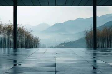Digital compositing empty modern architecture with groves of bamboo against mountains in the distance
