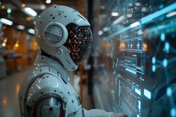 Fototapeta premium Astronaut in futuristic spacesuit exploring an alien planet