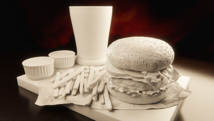 3D rendering - uncolored white classic hamburger meal with drink, fries and sauces on wooden table