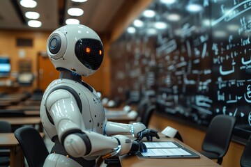 Fototapeta premium The robot is sitting in a chair in a classroom