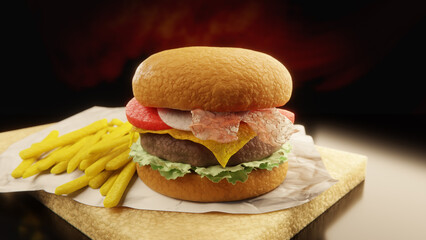 3D rendering - expanded polystyrene toy classic hamburger with fries on wooden table
