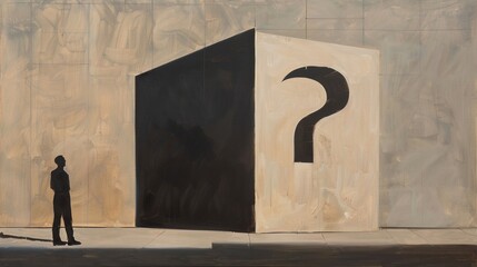 A black and white painting of a square with a question mark in the middle