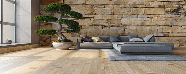 A minimalist living room with a focus on natural elements, featuring a stone wall, a bamboo floor,...