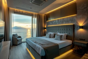 Elegant Bedroom Interior With Double Bed, Night Tables, Armchair And Sea view Through Window
