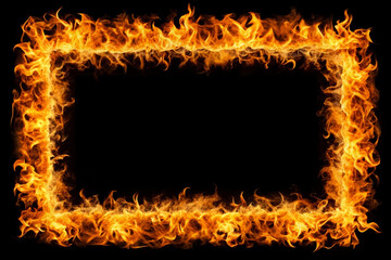 Rectangular frame made of burning flames fire in the shape of a rectangle, isolated on black background	