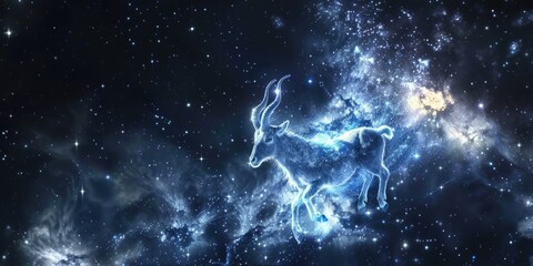 The image of Capricorn on an abstract mystical background among smoke, clouds and stars