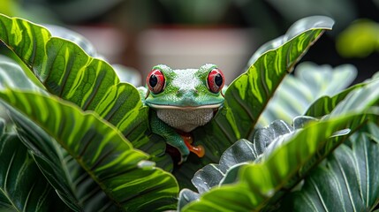 Colorful frog elegantly perched on a vibrant green leaf in its lush natural habitat - Powered by Adobe
