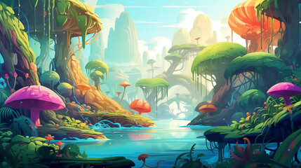 Design an abstract and dreamlike portrayal of a beautiful morning in the cartoon jungle