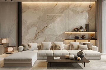 Elegant living area with beige marble on the wall, a long white sofa, a coffee table in front of the sofa, a shelf for accessories, and decorative lights to complete the design. 3D Rendering