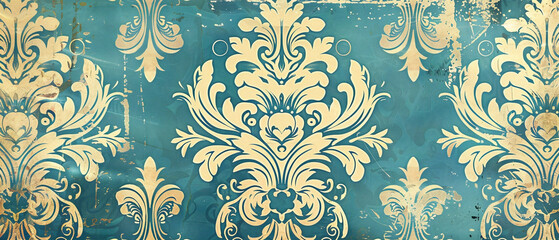 Elegant vintage damask print with intricate detailing in shades of blue and cream hues.