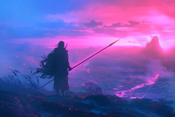 Neon Art of A restless soul wielding a spear haunts the mist-covered moors