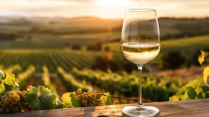 A glass of crisp white wine against a backdrop of vineyards. Generative AI