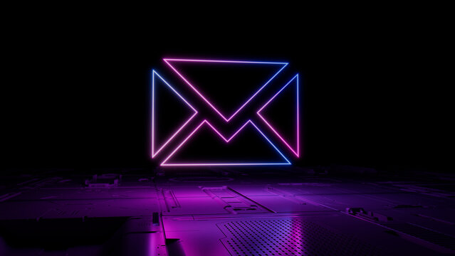 Pink and Blue neon light Envelope icon. Vibrant colored Email technology symbol, on a black background with high tech floor. 3D Render