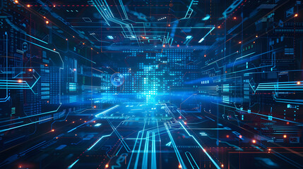 Obraz premium Futuristic HUD screen on an abstract background, enhanced by blue data matrix simulation and digital line and grid technology.