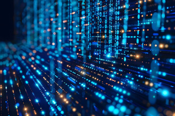 Blue digital binary data displayed on a computer screen background.