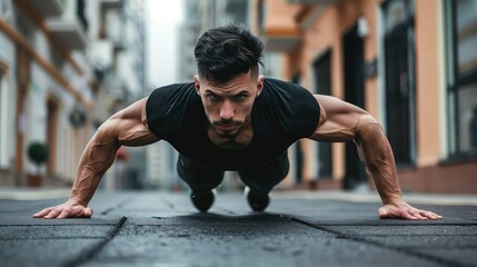 Fototapeta premium A dynamic image of a man in a black shirt demonstrating push-ups on the street, highlighting his muscular build and dedication to fitness. 