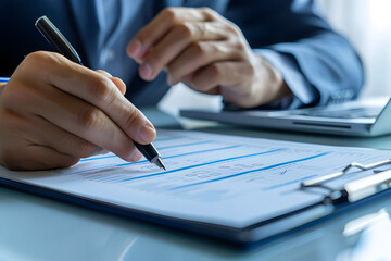 A businessman uses a tablet and laptop to monitor business performance while filling out an online survey on a digital form with a blue background.