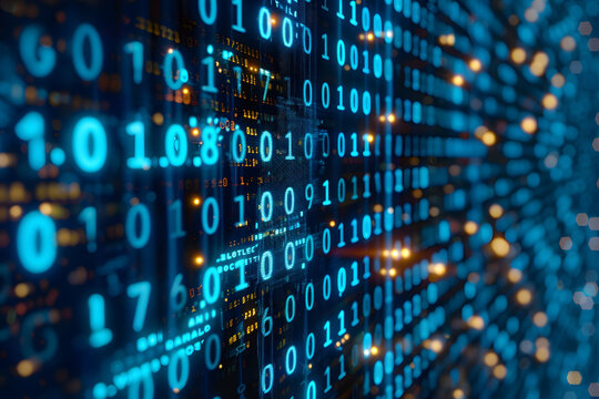 Blue digital binary data displayed on a computer screen background.