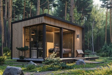 Exterior Of Wooden Tiny House With Forest Background 