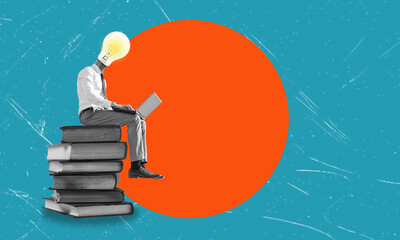 A man with a laptop sits on a stack of books. Artistic and modern art collage.