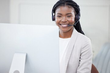 Computer, advisor or black woman in telemarketing call center consulting or communication for loan...