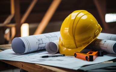AI generated illustration of architectural blueprints with a bright yellow safety helmet and tools