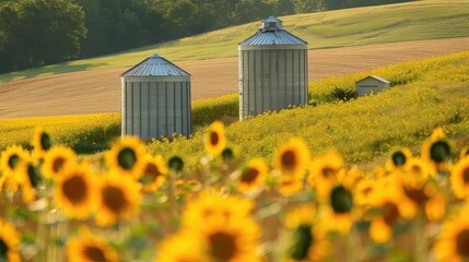 A rustic setting with grain silos nestled among fields of vibrant sunflowers, adding a splash of color to the countryside landscape. 