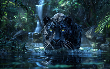A black leopard with yellow eyes stands in the water near a waterfall, is surrounded by rocks and green plants. The water is calm and the tiger appears to be staring at something