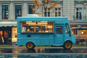 Food Truck Van With Open Window And Takeaway Food And Drinks