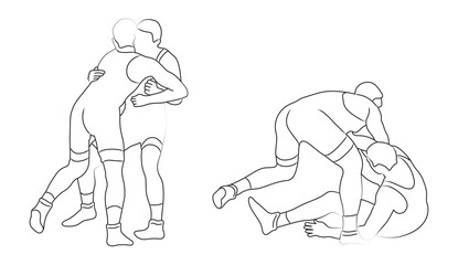 Sketch Greco Roman wrestling. Sport fighters in battle, combat, grappling, competition. Martial art. Vector illustration isolated on white background