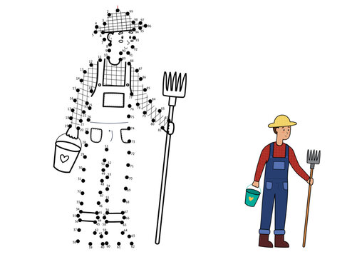 Dot to dot game for kids. Connect the dots and draw a farmer. Farm character puzzle activity page. Vector illustration