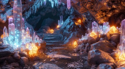 3D Illustrate of a mystical crystal cave, glowing minerals and intricate rock formations in a hidden underground world
