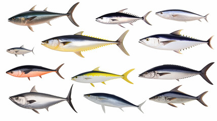 A set of icons of different varieties of fish on a white background