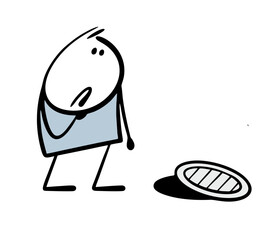 Cartoon stickman looks at the open hatch in confusion. Vector illustration of sad man who met an obstacle on the road. Dangerous hole in the street. Isolated doodle character on white background.