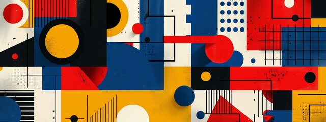 Patterns with basic geometric shapes and primary colors.