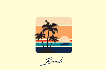 Retro beach logo, Retro Sunset Beach Logo in 80s and 90s style. Abstract sun in the background.