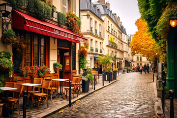 Fototapeta premium Restaurant building with tables chairs on a cobblestone street